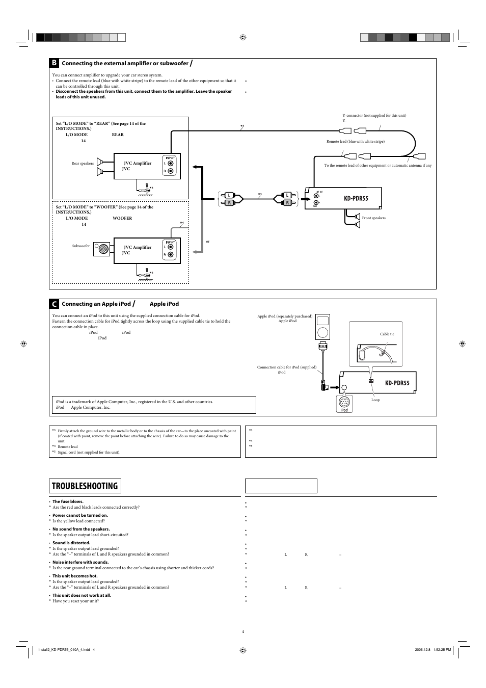 Troubleshooting, Connecting the external amplifier or subwoofer, Connecting an apple ipod | Apple ipod | JVC KD-PDR50 User Manual | Page 198 / 198