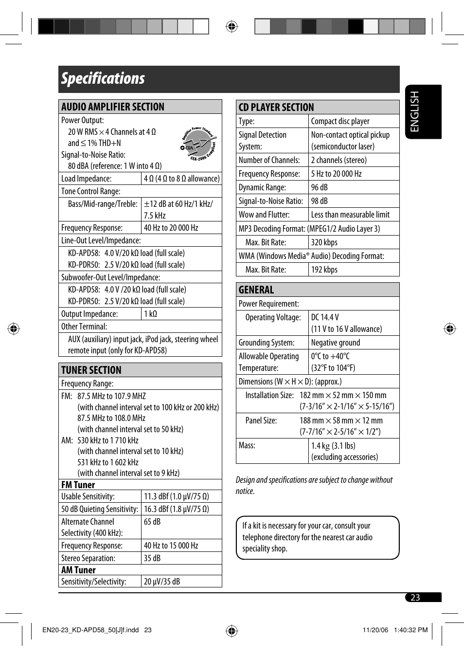 Specifications, English, General | JVC KD-PDR50 User Manual | Page 23 / 198