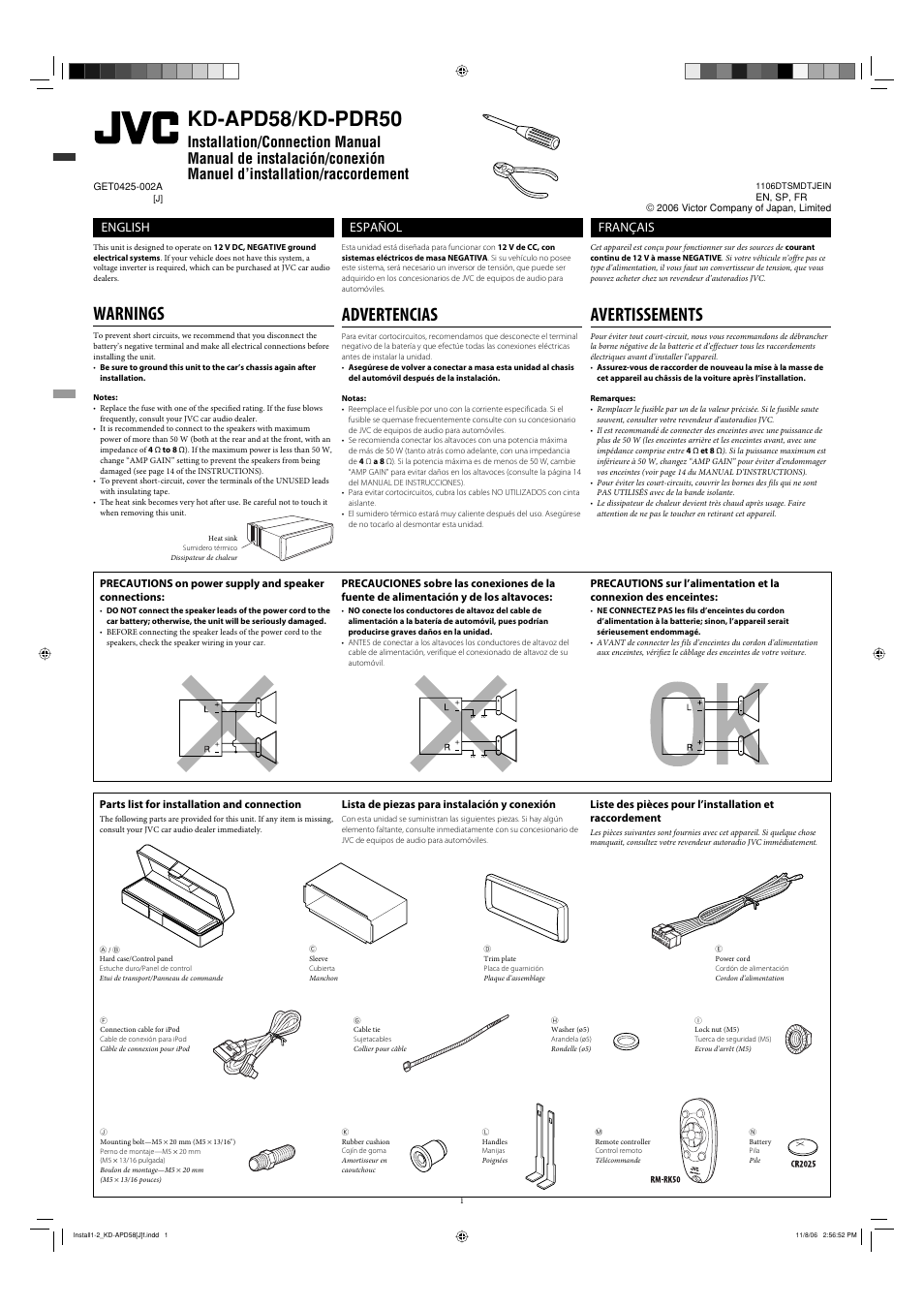 Installation/connection manual, Warnings, Parts list for installation and connection | Kd-apd58/kd-pdr50, Advertencias, Avertissements, English, Español, Français, Lista de piezas para instalación y conexión | JVC KD-PDR50 User Manual | Page 25 / 198