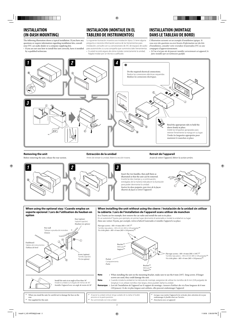 Installation, Removing the unit, Installation (in-dash mounting) | Installation (montage dans le tableau de bord), Extracción de la unidad, Retrait de l’appareil | JVC KD-PDR50 User Manual | Page 26 / 198