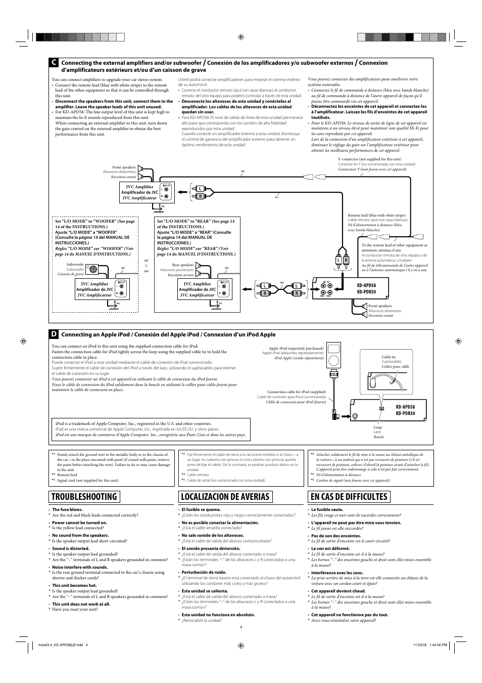 Troubleshooting, Localizacion de averias, En cas de difficultes | JVC KD-PDR50 User Manual | Page 28 / 198