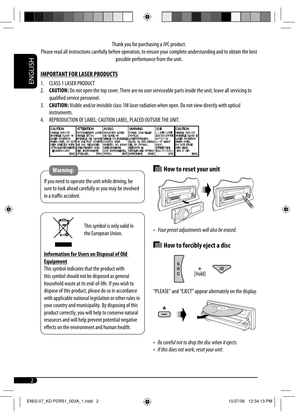 Important for laser products, English, How to reset your unit | How to forcibly eject a disc | JVC KD-PDR50 User Manual | Page 30 / 198