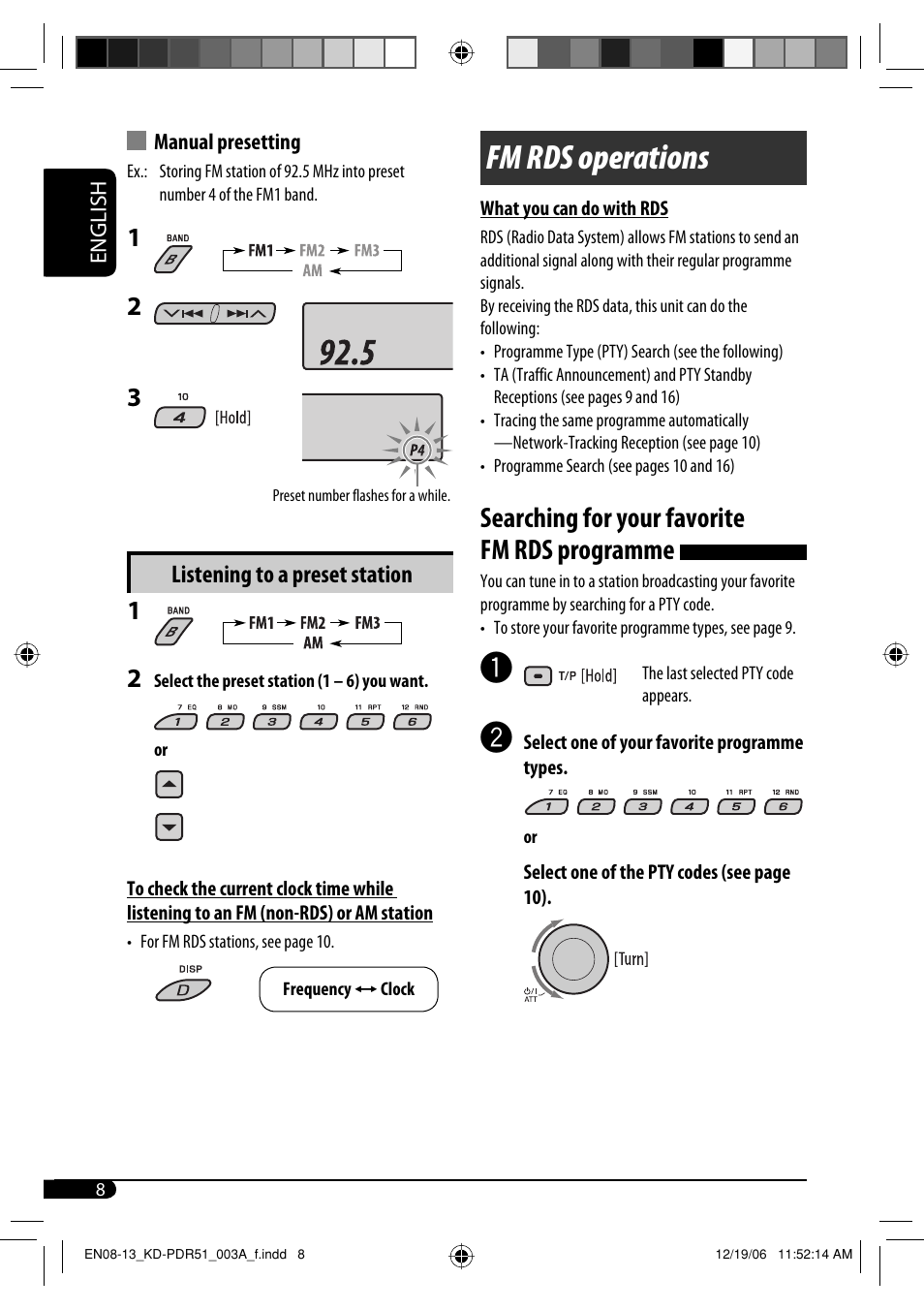 Fm rds operations, Searching for your favorite fm rds programme, Listening to a preset station | JVC KD-PDR50 User Manual | Page 36 / 198