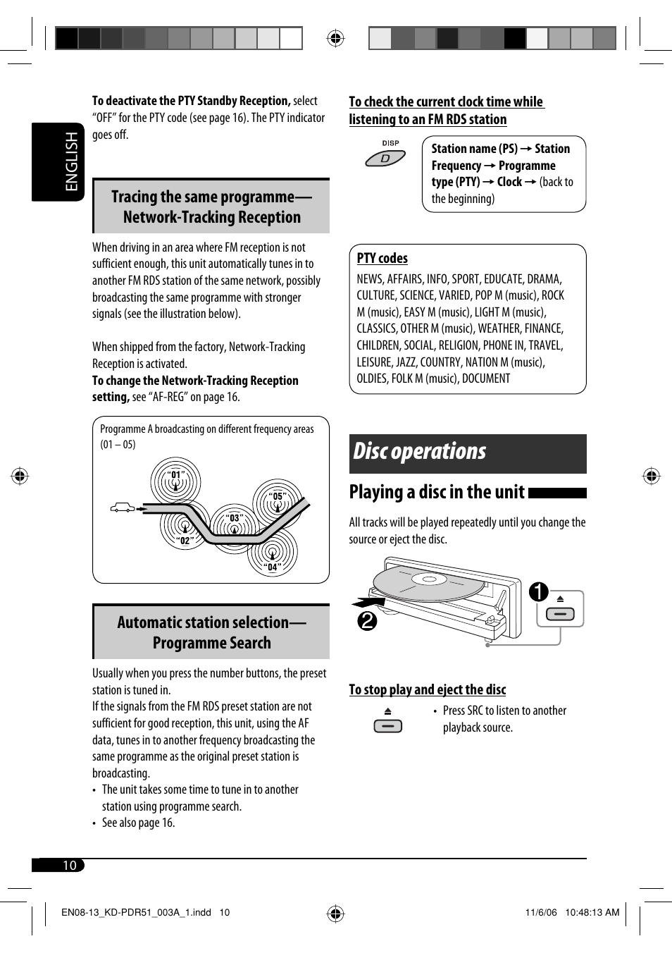 Disc operations, Playing a disc in the unit, Automatic station selection— programme search | JVC KD-PDR50 User Manual | Page 38 / 198