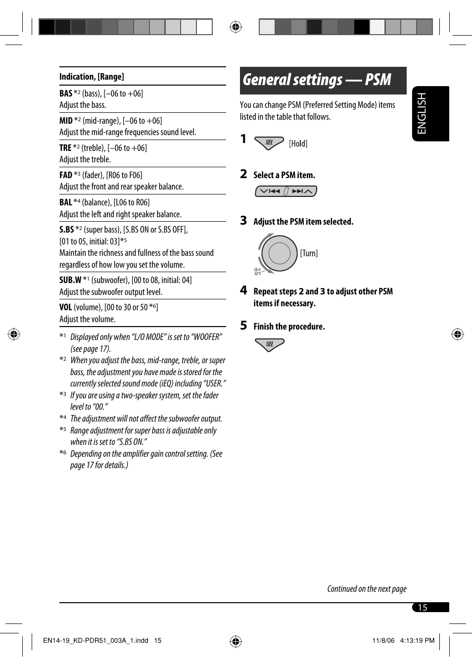 General settings — psm, English | JVC KD-PDR50 User Manual | Page 43 / 198