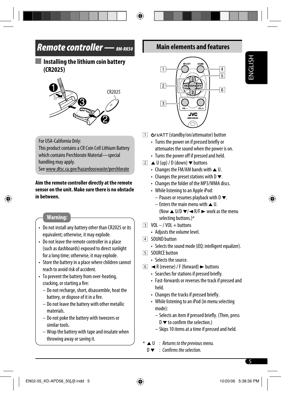 Remote controller, Main elements and features, English | Installing the lithium coin battery (cr2025) | JVC KD-PDR50 User Manual | Page 5 / 198