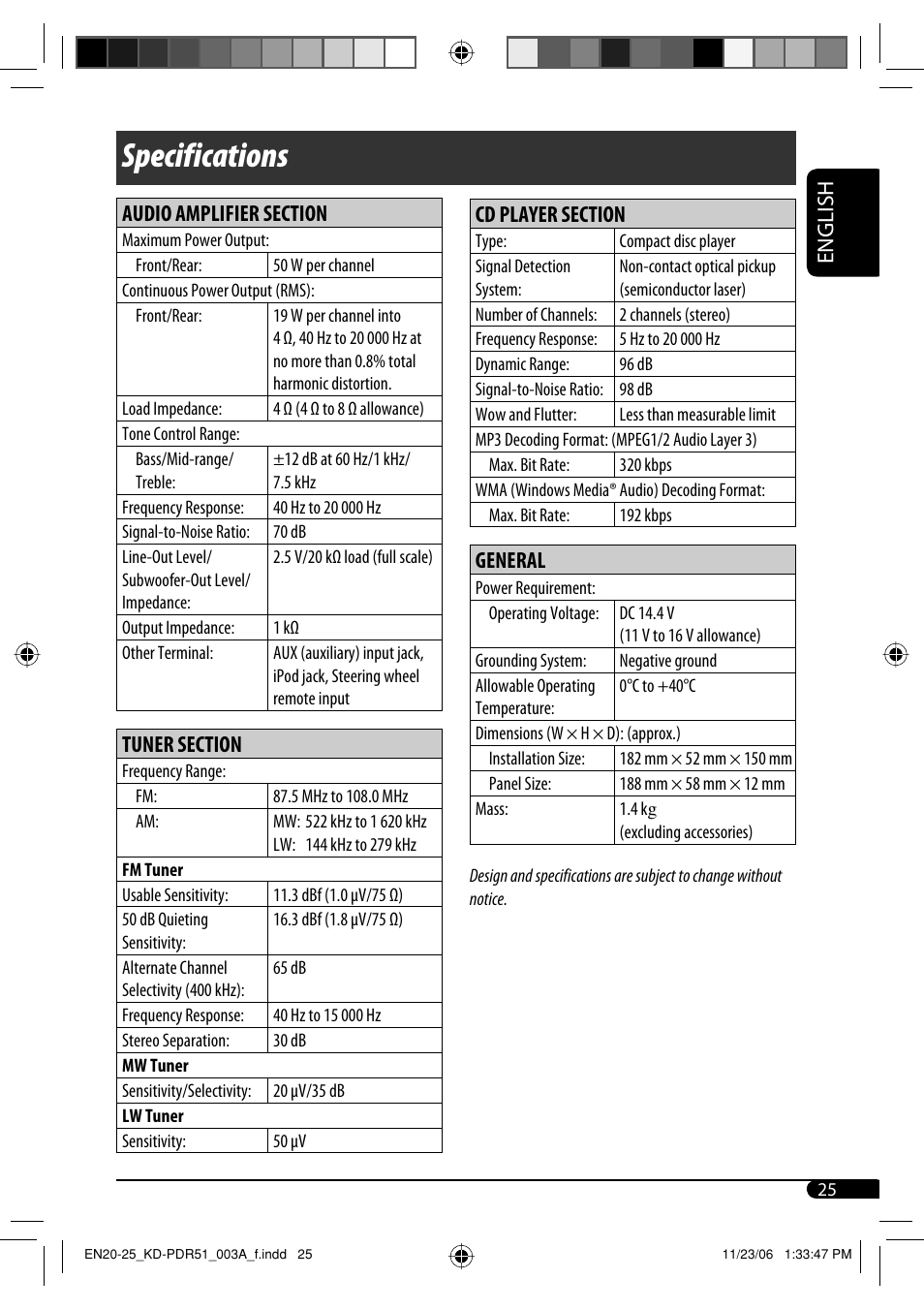 Specifications, English, General | JVC KD-PDR50 User Manual | Page 53 / 198