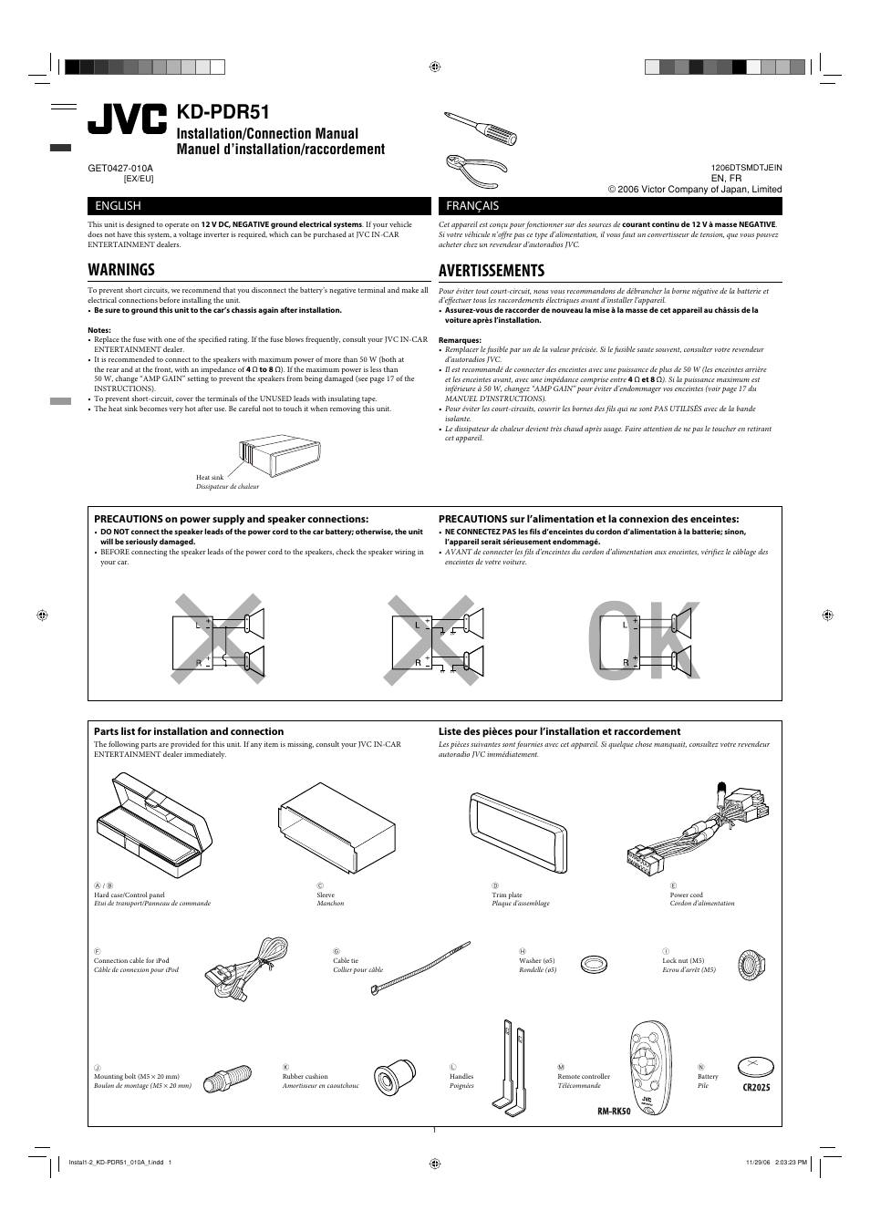 Installation/connection manual, Warnings, Parts list for installation and connection | Kd-pdr51, Avertissements, English, Français | JVC KD-PDR50 User Manual | Page 55 / 198