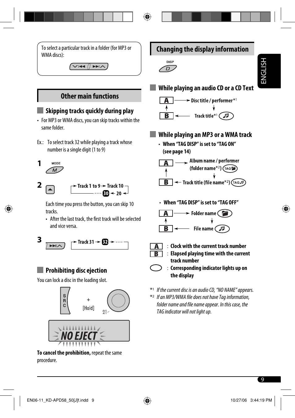 Other main functions, Changing the display information, English | Skipping tracks quickly during play, Prohibiting disc ejection | JVC KD-PDR50 User Manual | Page 9 / 198