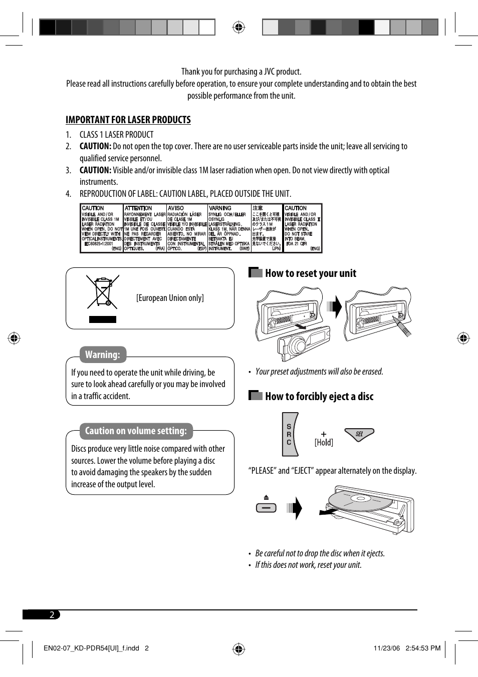 Important for laser products, How to reset your unit, How to forcibly eject a disc | JVC KD-PDR50 User Manual | Page 90 / 198