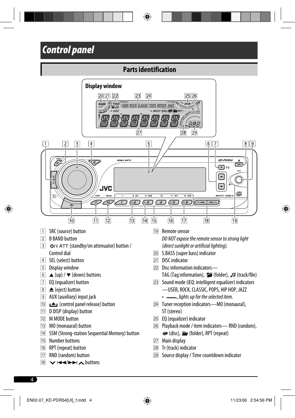 Control panel, Parts identification | JVC KD-PDR50 User Manual | Page 92 / 198