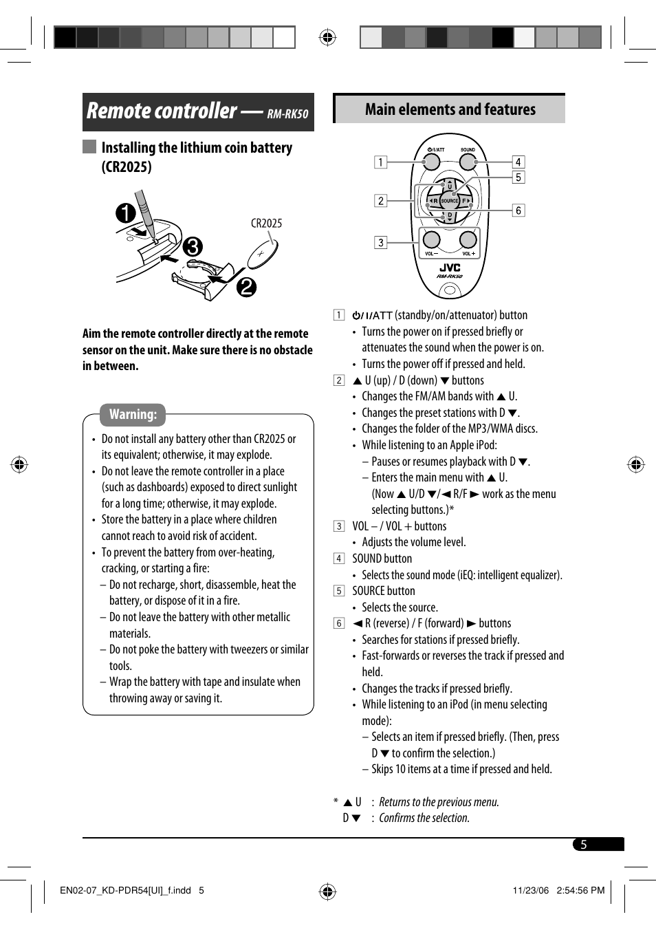 Remote controller, Main elements and features, Installing the lithium coin battery (cr2025) | JVC KD-PDR50 User Manual | Page 93 / 198