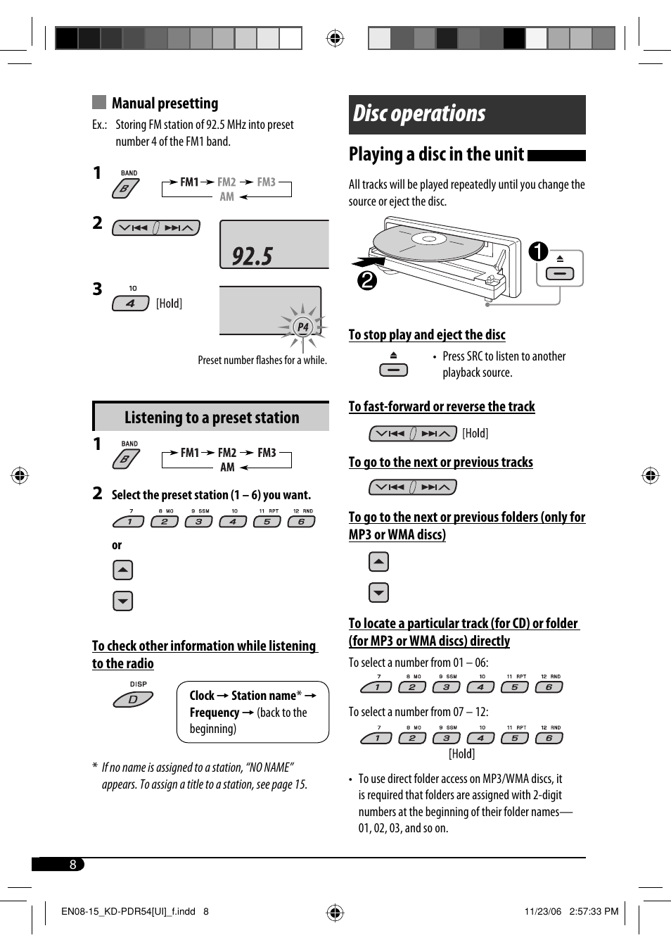 Disc operations, Playing a disc in the unit, Listening to a preset station | JVC KD-PDR50 User Manual | Page 96 / 198