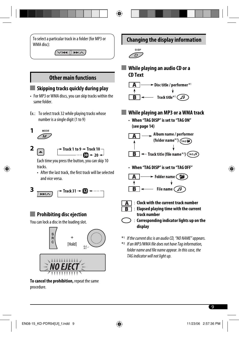 Other main functions, Changing the display information, Skipping tracks quickly during play | Prohibiting disc ejection | JVC KD-PDR50 User Manual | Page 97 / 198