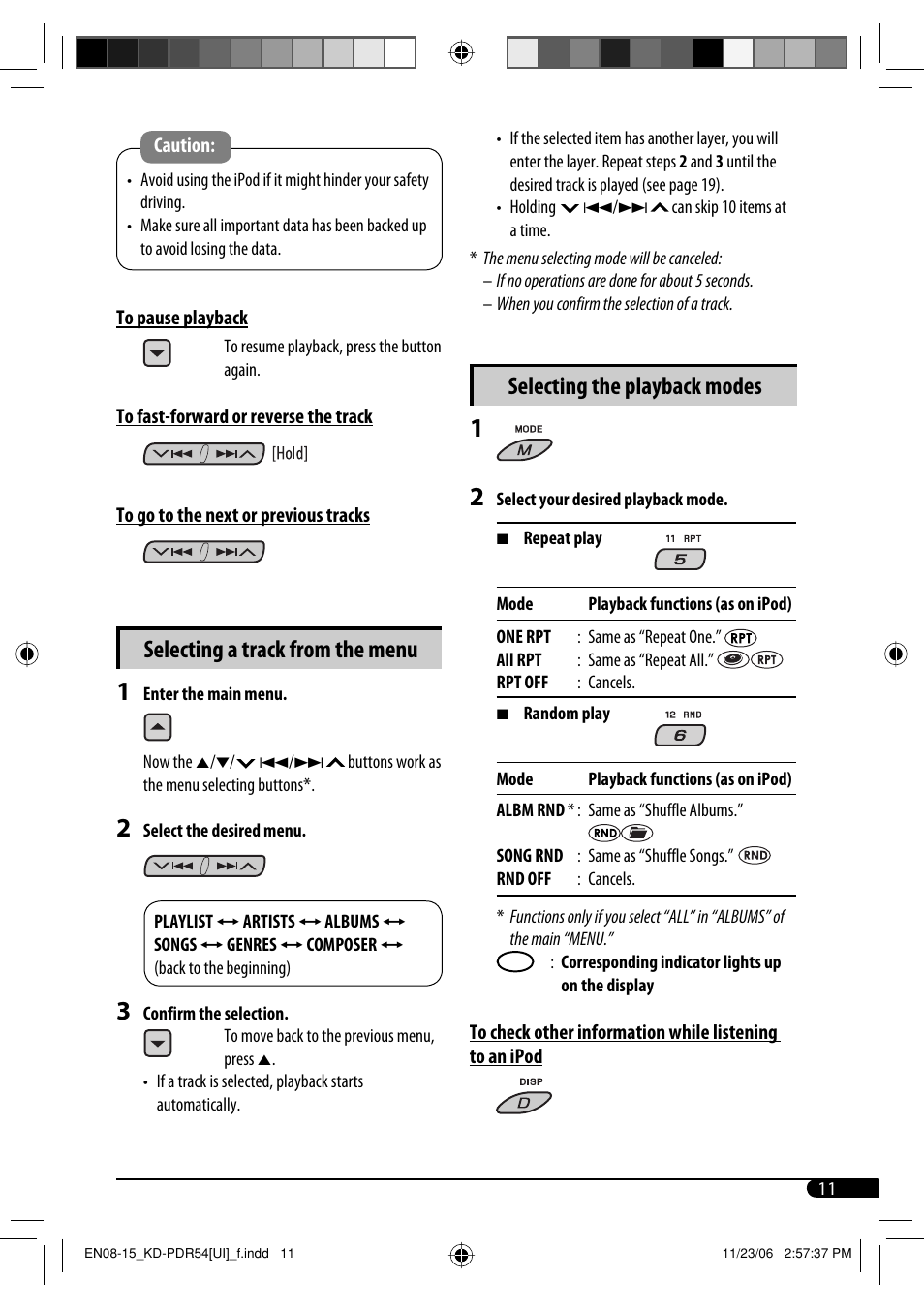 Selecting a track from the menu, Selecting the playback modes | JVC KD-PDR50 User Manual | Page 99 / 198