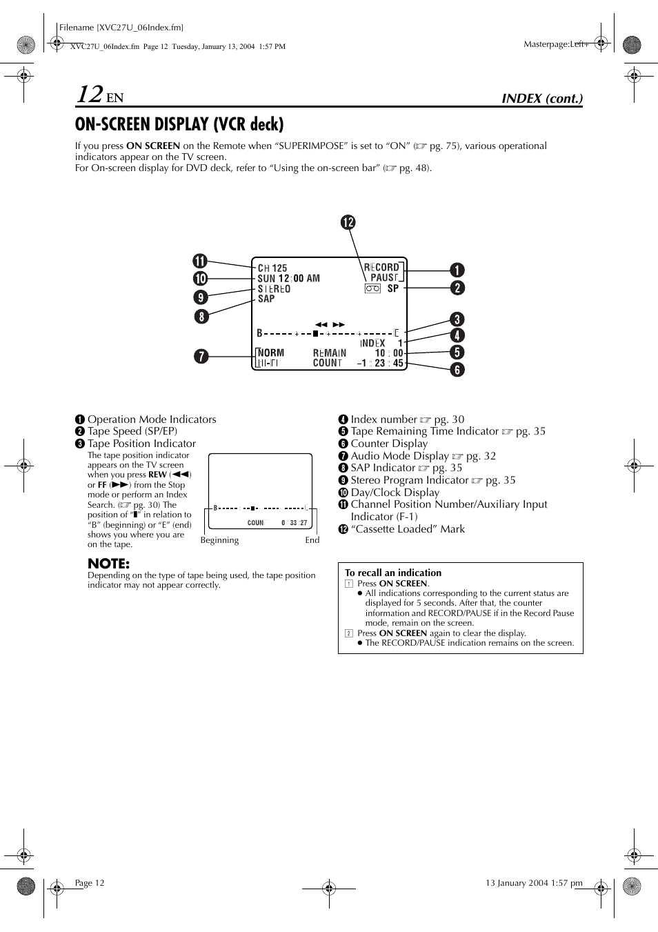 On-screen display (vcr deck), Index (cont.) | JVC HR-XVC26U User Manual | Page 12 / 92