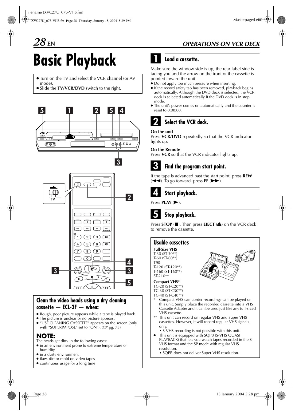 Operations on vcr deck, Basic playback, Pg. 28 | Vd button, Pg. 28, 33, Pg. 28, 4, Pg. 28, 29, Pg. 28, 3 | JVC HR-XVC26U User Manual | Page 28 / 92