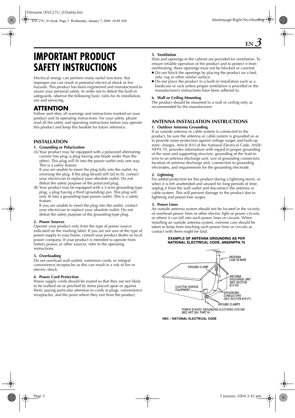 Important product safety instructions, Attention | JVC HR-XVC26U User Manual | Page 3 / 92