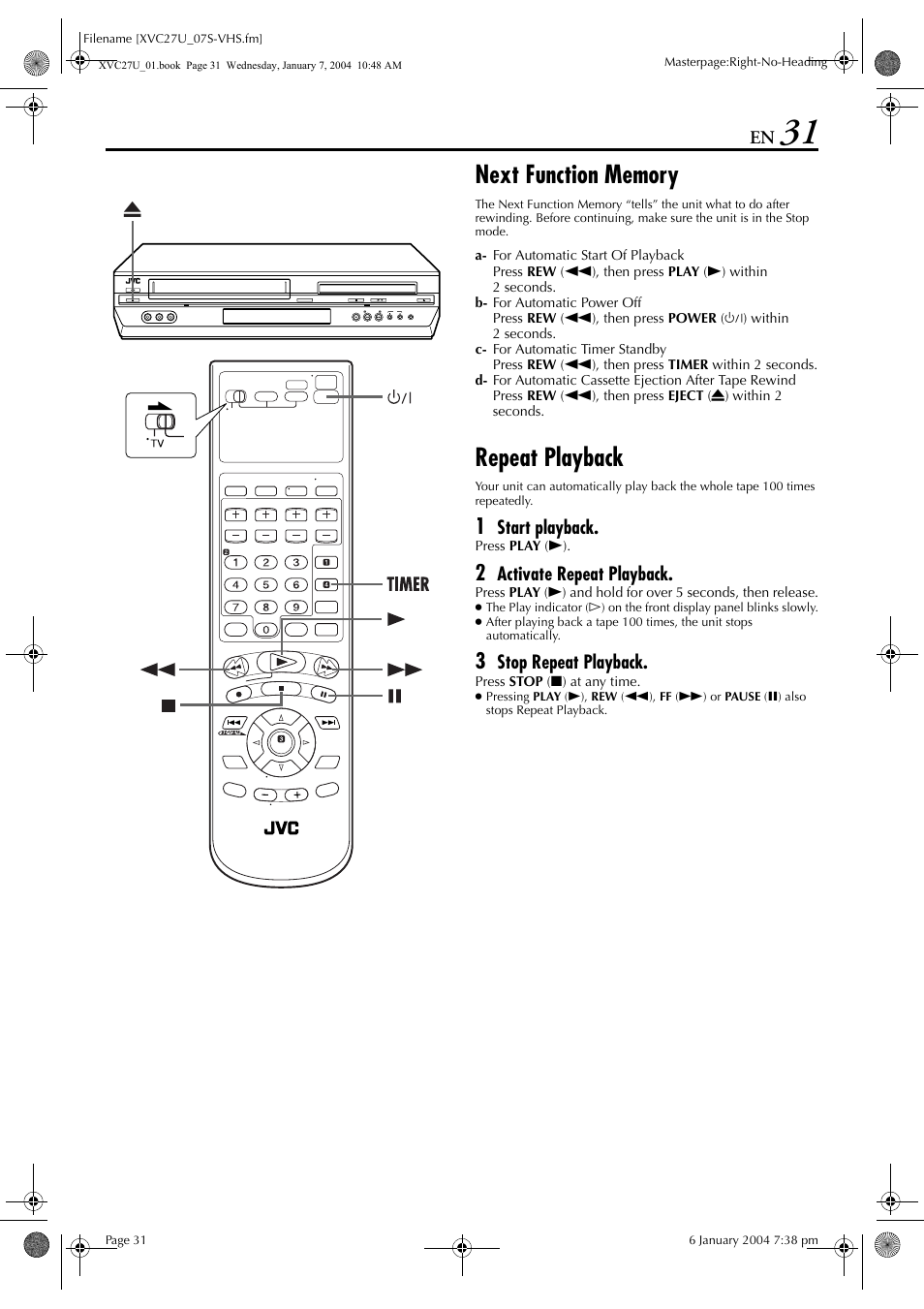 Next function memory, Repeat playback | JVC HR-XVC26U User Manual | Page 31 / 92