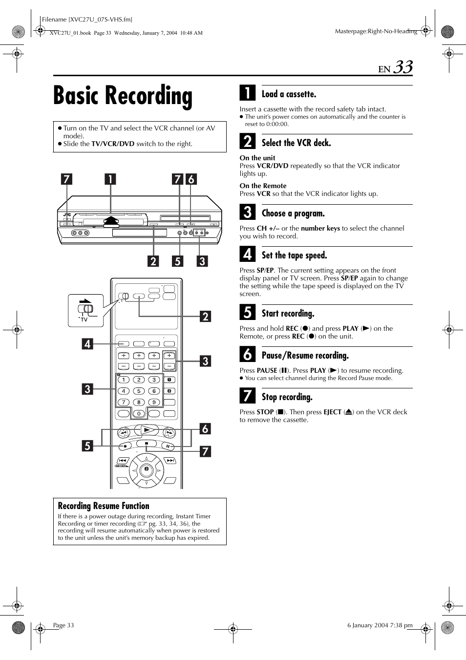Basic recording, Pg. 33, Rog. ch | JVC HR-XVC26U User Manual | Page 33 / 92