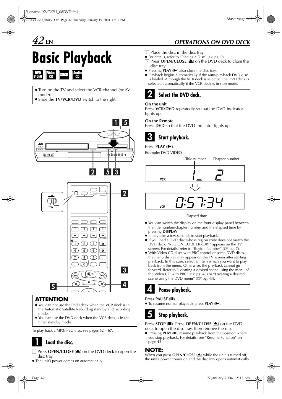 Operations on dvd deck, Basic playback, Pg. 42 | JVC HR-XVC26U User Manual | Page 42 / 92