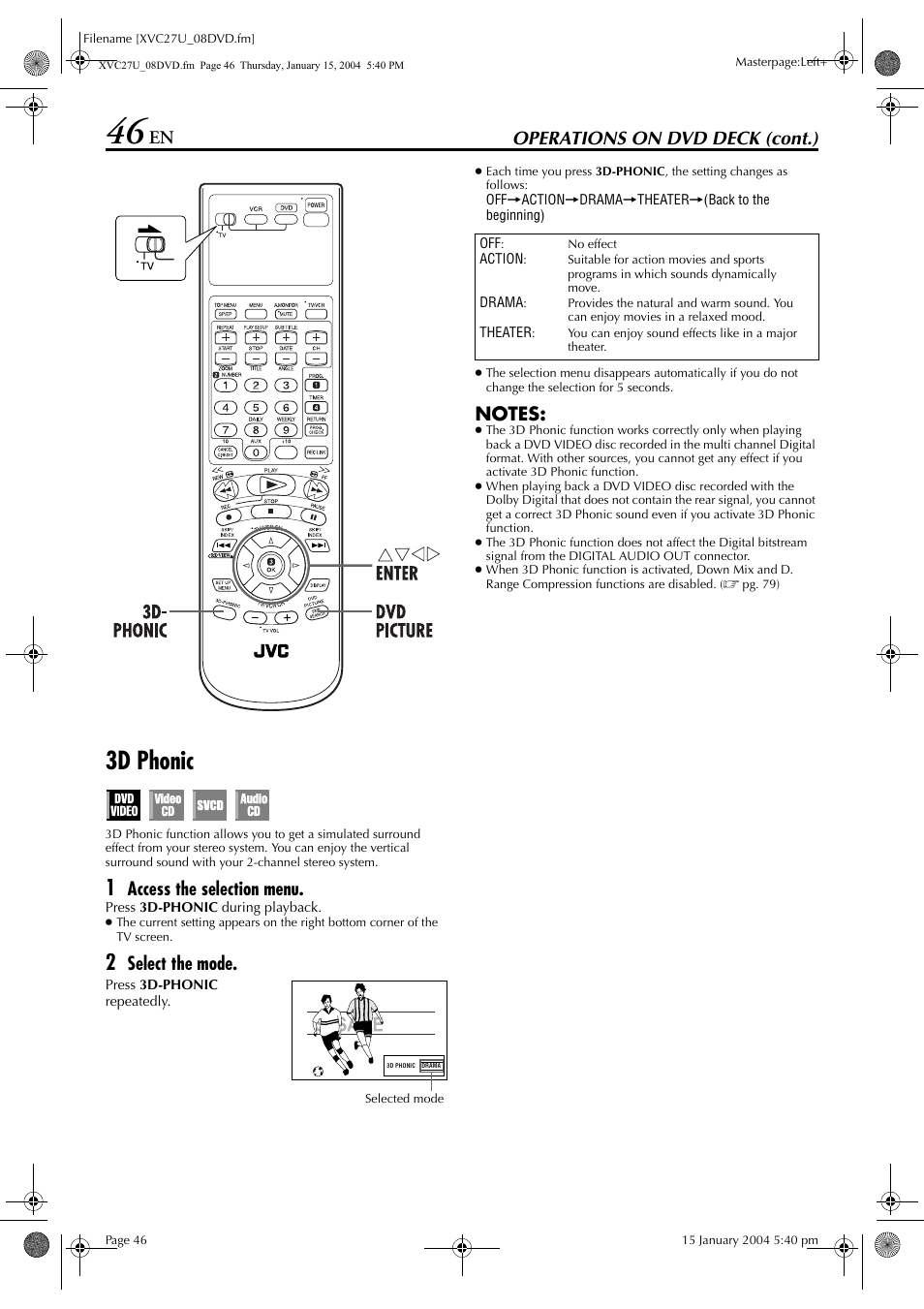 3d phonic, Pg. 46, Operations on dvd deck (cont.) | Access the selection menu, Select the mode | JVC HR-XVC26U User Manual | Page 46 / 92