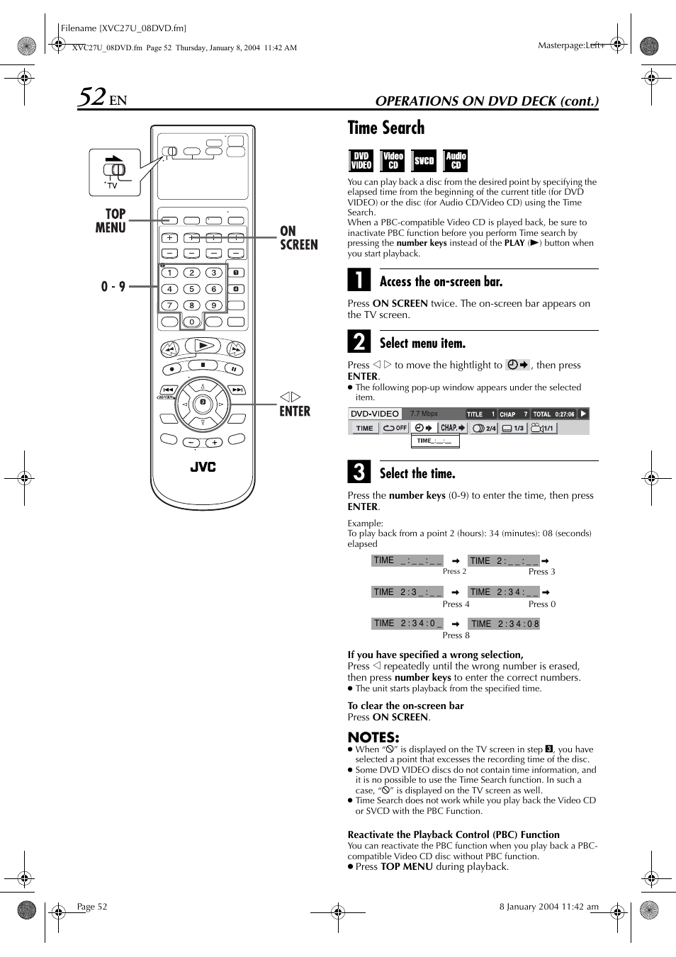 Time search, Function, Pg. 52) | JVC HR-XVC26U User Manual | Page 52 / 92