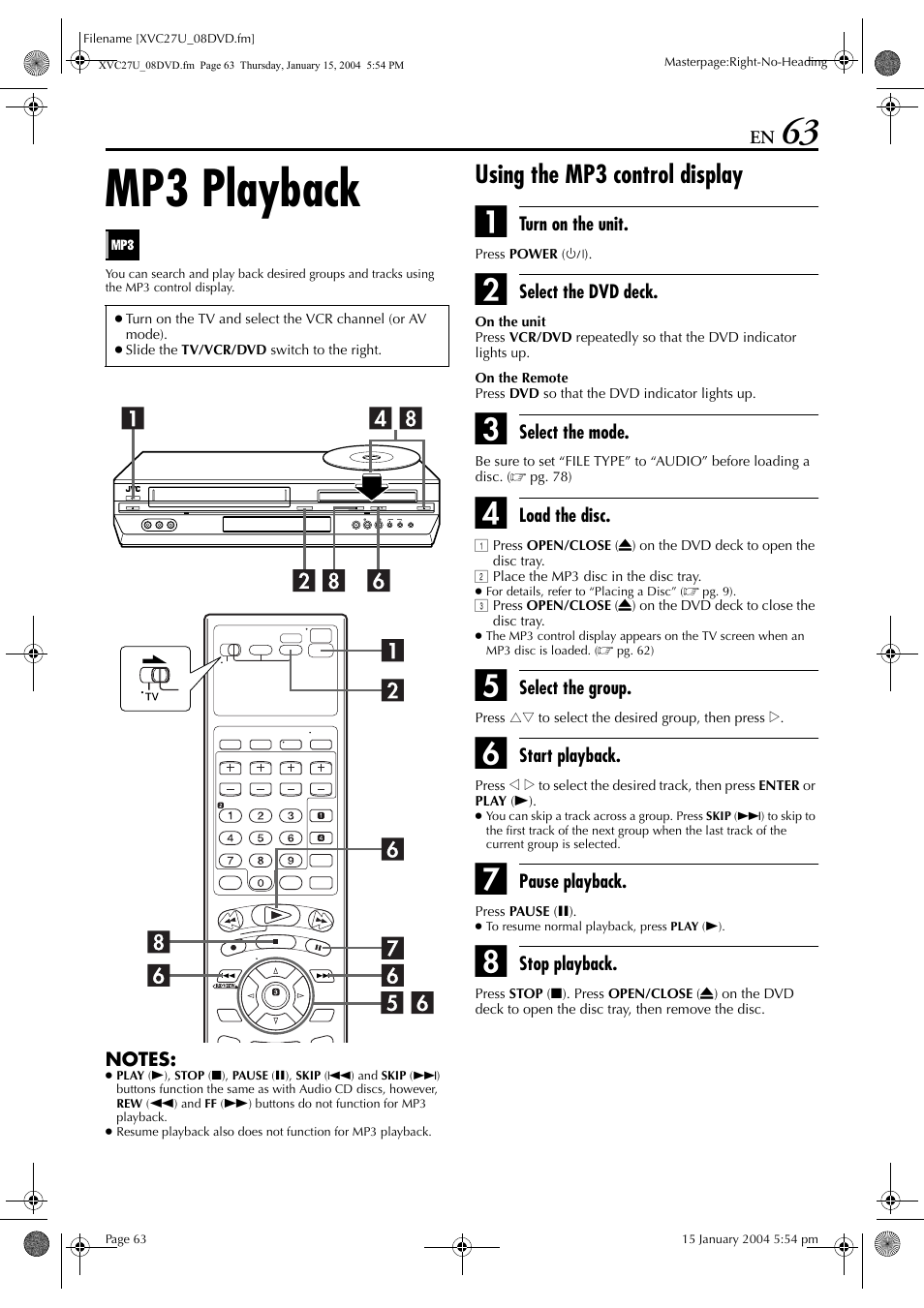 Mp3 playback, Using the mp3 control display | JVC HR-XVC26U User Manual | Page 63 / 92