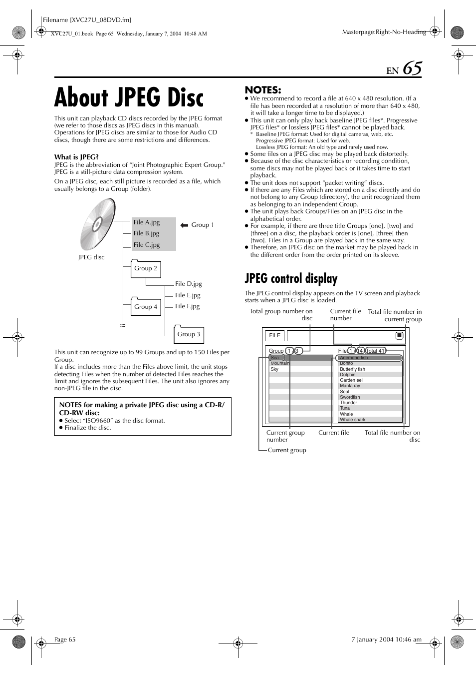 About jpeg disc, Jpeg control display | JVC HR-XVC26U User Manual | Page 65 / 92