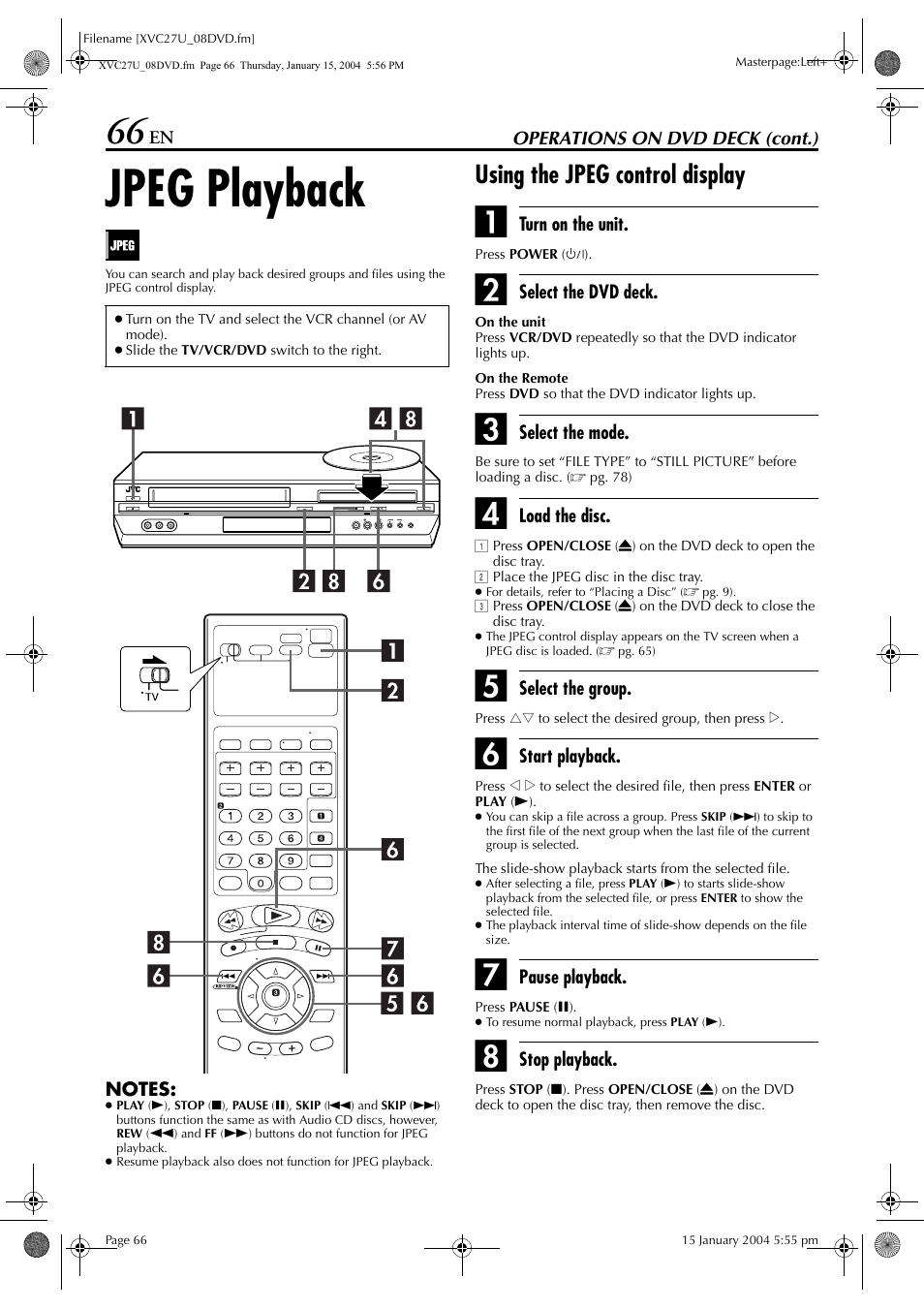 Jpeg playback, Using the jpeg control display | JVC HR-XVC26U User Manual | Page 66 / 92