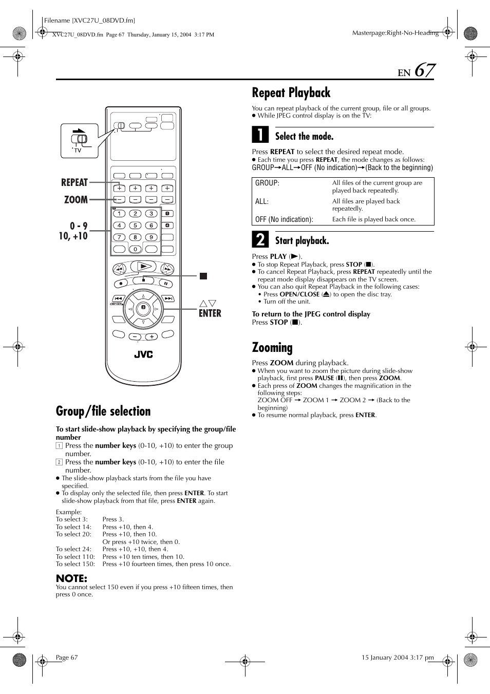 Group/file selection, Repeat playback, Zooming | Select the mode, Start playback | JVC HR-XVC26U User Manual | Page 67 / 92