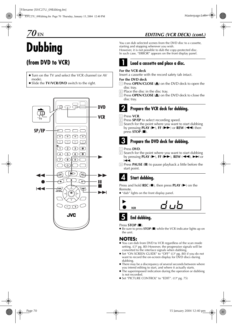 Dubbing (from dvd to vcr), Dubbing | JVC HR-XVC26U User Manual | Page 70 / 92