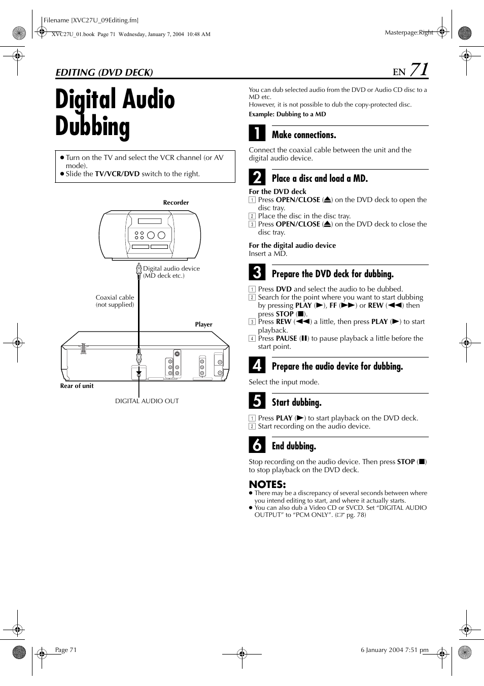 Editing (dvd deck), Digital audio dubbing, Pg. 71 | JVC HR-XVC26U User Manual | Page 71 / 92
