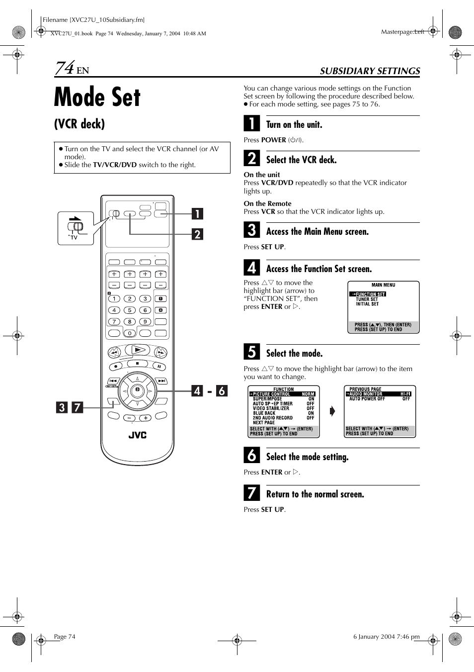 Subsidiary settings, Mode set (vcr deck), Mode set | JVC HR-XVC26U User Manual | Page 74 / 92