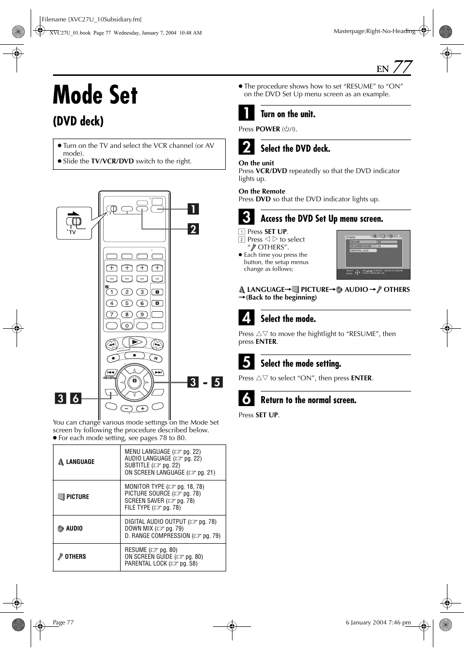 Mode set (dvd deck), Mode set, Dvd deck) | Turn on the unit, Select the dvd deck, Access the dvd set up menu screen, Select the mode, Select the mode setting, Return to the normal screen | JVC HR-XVC26U User Manual | Page 77 / 92