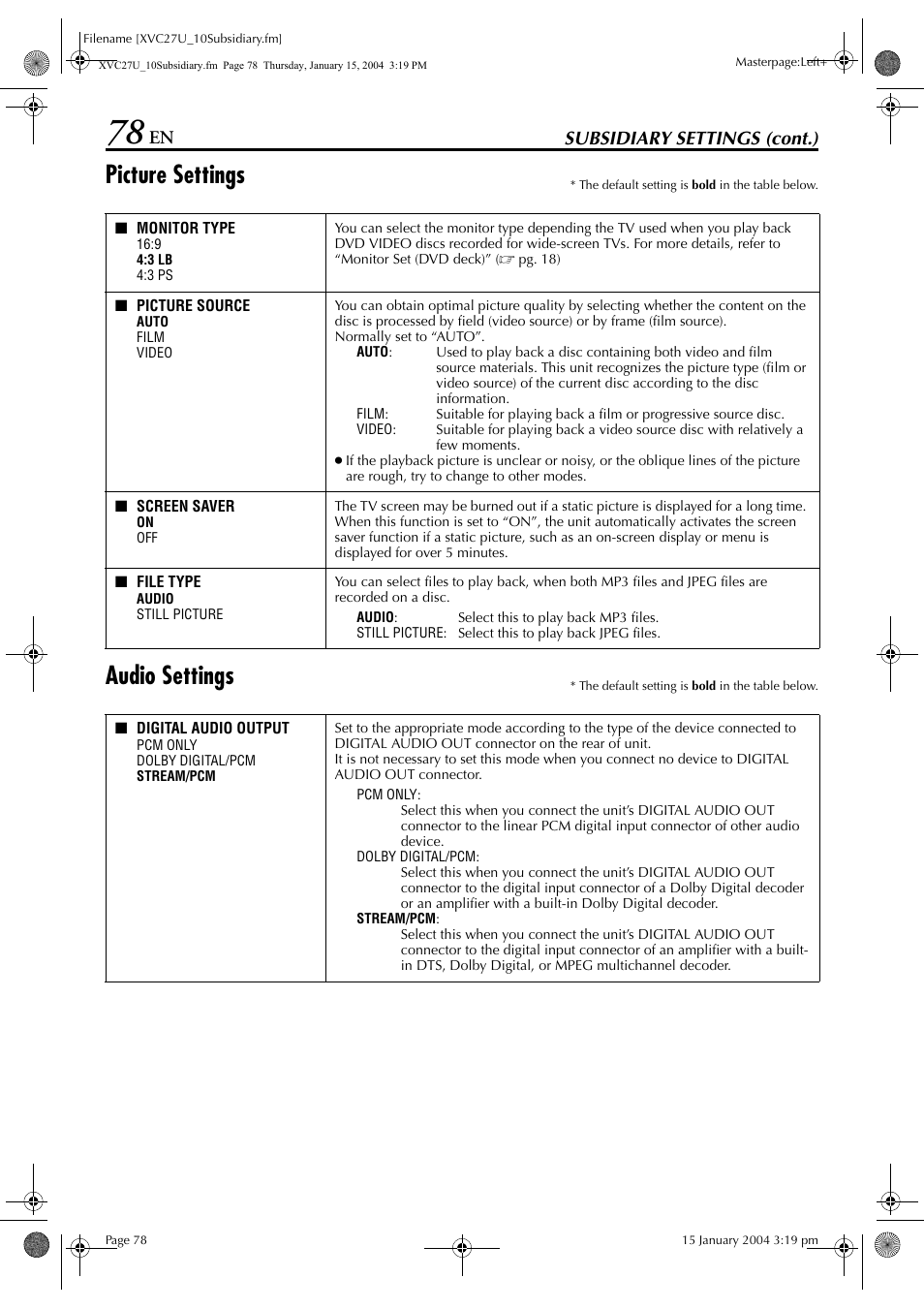 Disc, Pg. 78), S 78 | Le type, Picture settings, Audio settings, Subsidiary settings (cont.) | JVC HR-XVC26U User Manual | Page 78 / 92