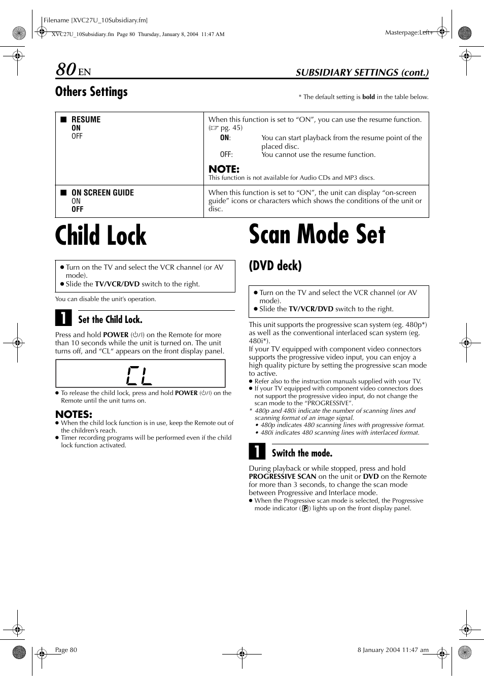 Child lock, Scan mode set (dvd deck), Child lock scan mode set (dvd deck) | Pg. 80, Rding indicator, Vcr dec, Fer to “scan mode set (dvd deck), Pg. 80), Esume” to “on, Scan mode set | JVC HR-XVC26U User Manual | Page 80 / 92