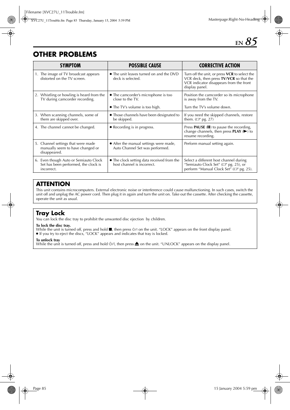 Other problems, Attention, Tray lock | Symptom possible cause corrective action | JVC HR-XVC26U User Manual | Page 85 / 92