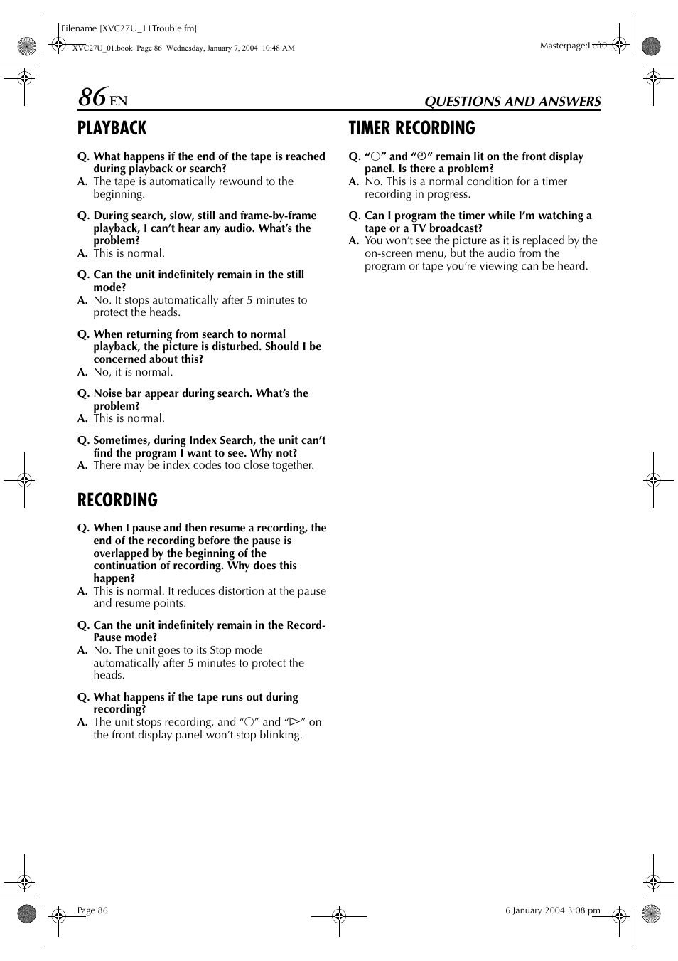 Questions and answers, Playback, Recording | Timer recording | JVC HR-XVC26U User Manual | Page 86 / 92