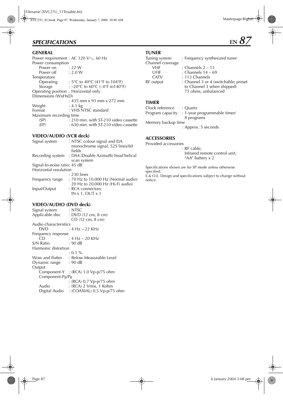 Specifications, Specifications 87 | JVC HR-XVC26U User Manual | Page 87 / 92