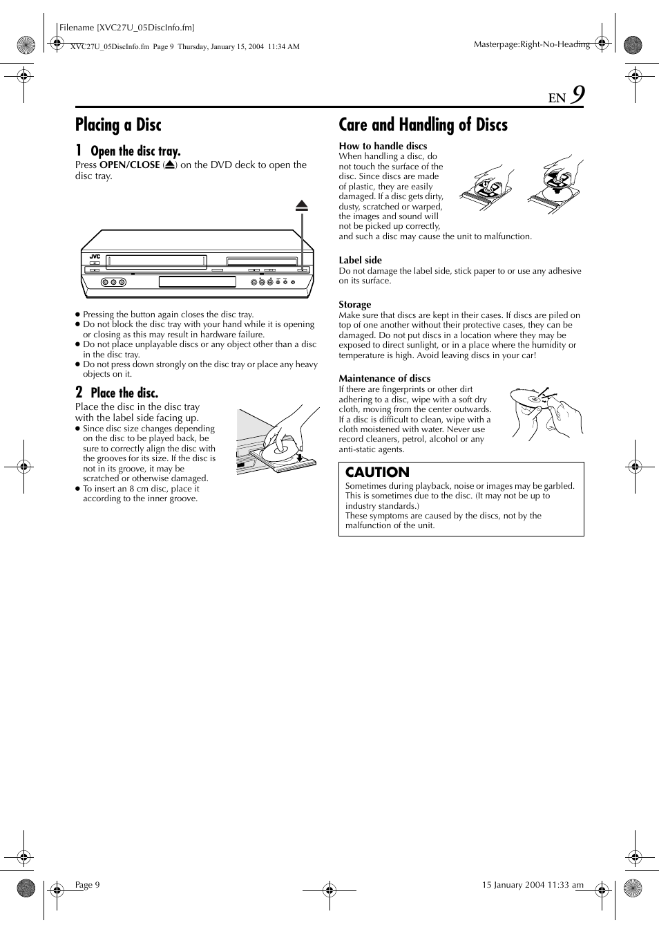 Placing a disc, Care and handling of discs, Open the disc tray | Place the disc, Xcaution | JVC HR-XVC26U User Manual | Page 9 / 92