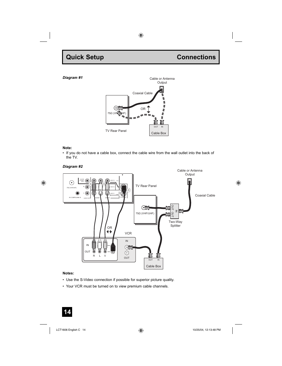 14 quick setup connections, Diagram #1 | JVC LCT1606-001B-A User Manual | Page 14 / 72