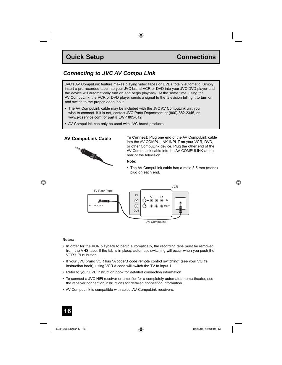 Quick setup connections, Connecting to jvc av compu link | JVC LCT1606-001B-A User Manual | Page 16 / 72