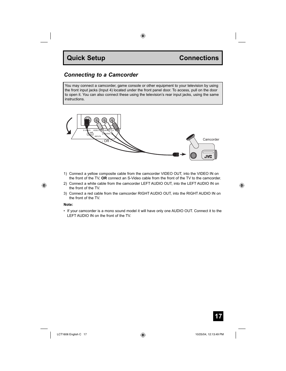 17 quick setup connections, Connecting to a camcorder | JVC LCT1606-001B-A User Manual | Page 17 / 72
