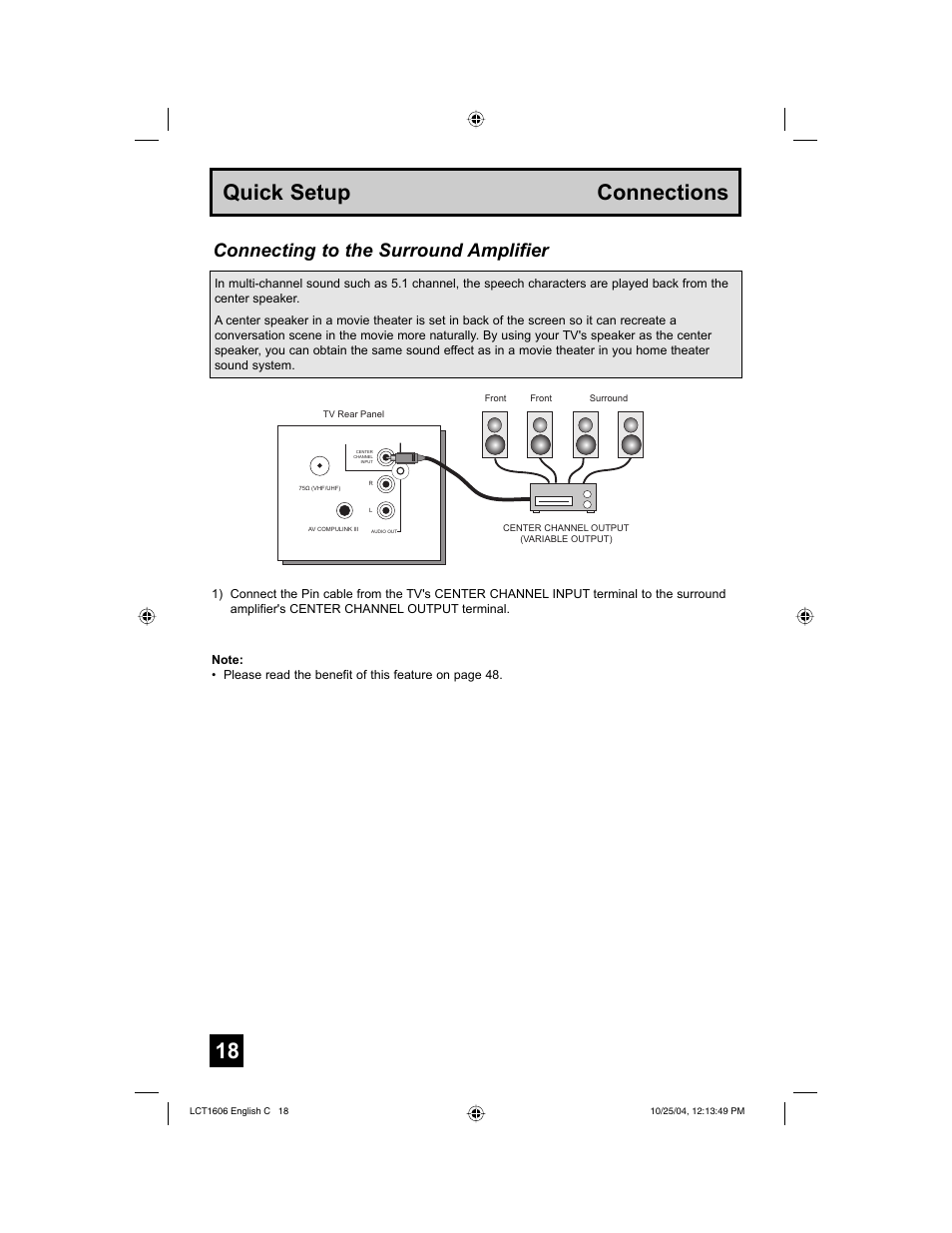 18 quick setup connections, Connecting to the surround amplifier | JVC LCT1606-001B-A User Manual | Page 18 / 72