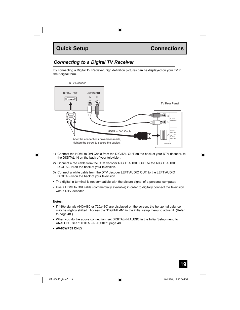 19 quick setup connections, Connecting to a digital tv receiver | JVC LCT1606-001B-A User Manual | Page 19 / 72
