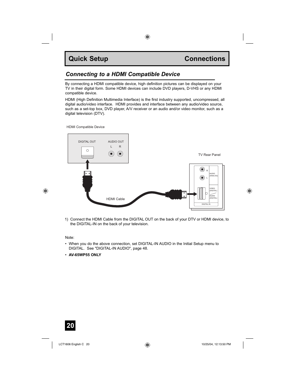 Quick setup connections, Connecting to a hdmi compatible device | JVC LCT1606-001B-A User Manual | Page 20 / 72