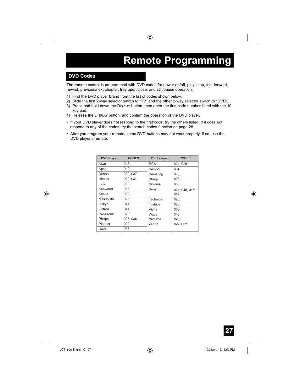 Remote programming, Dvd codes | JVC LCT1606-001B-A User Manual | Page 27 / 72