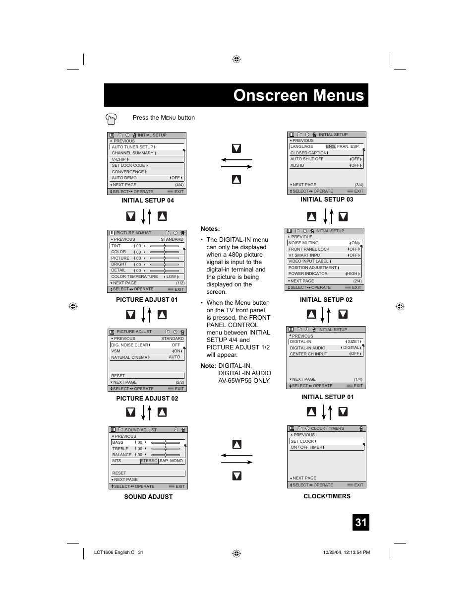 Onscreen menus, Press the m, Button | Clock/timers, Initial setup 03 initial setup 02, Initial setup 01 | JVC LCT1606-001B-A User Manual | Page 31 / 72
