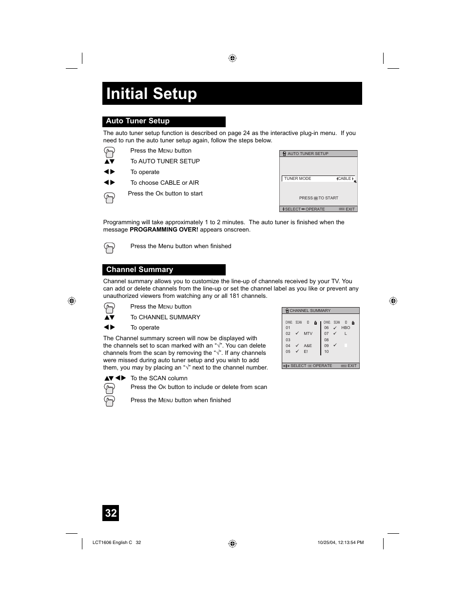 Initial setup, Auto tuner setup, Channel summary | JVC LCT1606-001B-A User Manual | Page 32 / 72